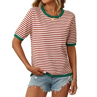 Womens Tops Casual Summer Crewneck Short Sleeve Striped Color Block Knit High Low Trendy Pullover