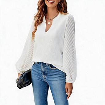 Women's Split V-Neck Mesh Sleeve Casual Blouse