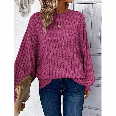 Women's Crew Neck Lantern Sleeve Ribbed Knit Top