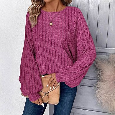 Women's Crew Neck Lantern Sleeve Ribbed Knit Top