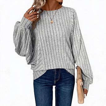 Women's Crew Neck Lantern Sleeve Ribbed Knit Top