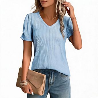 Women's V-Neck Puff Sleeve Top Solid Color Textured Knit Casual Short Sleeve Top