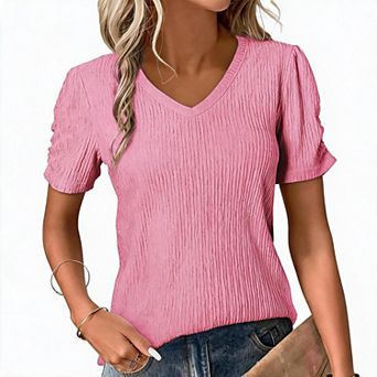 Women's V-Neck Puff Sleeve Top Solid Color Textured Knit Casual Short Sleeve Top