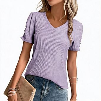 Women's V-Neck Puff Sleeve Top Solid Color Textured Knit Casual Short Sleeve Top