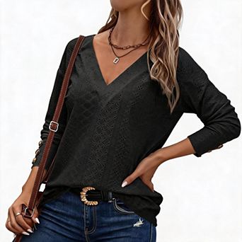 Women's V-Neck Long Sleeve Hollow Out Eyelet Lace Topwith Button Cuffs Casual Top