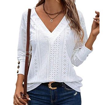 Women's V-Neck Long Sleeve Hollow Out Eyelet Lace Topwith Button Cuffs Casual Top