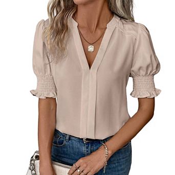 Women's V-Neck Puff Sleeve Top Solid Color Smocked Cuff Elegant Work Casual Short Sleeve Top