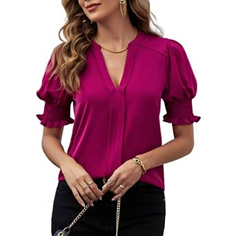 Women's V-Neck Puff Sleeve Top Solid Color Smocked Cuff Elegant Work Casual Short Sleeve Top
