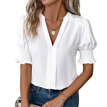Women's V-Neck Puff Sleeve Top Solid Color Smocked Cuff Elegant Work Casual Short Sleeve Top