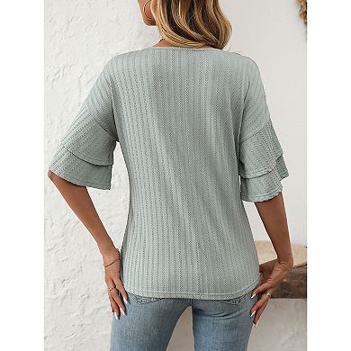 Women's Double Layer Ruffle Short Sleeve V-Neck T-Shirt Solid Color Casual Tee Top