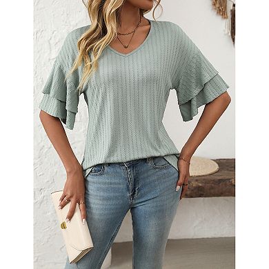 Women's Double Layer Ruffle Short Sleeve V-Neck T-Shirt Solid Color Casual Tee Top