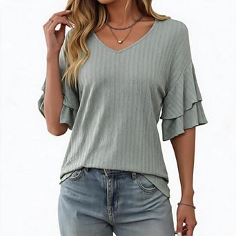 Women's Double Layer Ruffle Short Sleeve V-Neck T-Shirt Solid Color Casual Tee Top