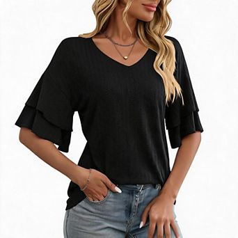 Women's Double Layer Ruffle Short Sleeve V-Neck T-Shirt Solid Color Casual Tee Top