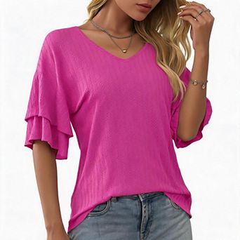 Women's Double Layer Ruffle Short Sleeve V-Neck T-Shirt Solid Color Casual Tee Top