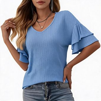 Women's Double Layer Ruffle Short Sleeve V-Neck T-Shirt Solid Color Casual Tee Top
