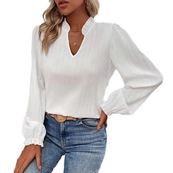 Women's Slim Fit V-Neck Top Ruffled Collar Cuffs Long Sleeve Elegant Casual Work Top
