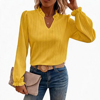 Women's Slim Fit V-Neck Top Ruffled Collar Cuffs Long Sleeve Elegant Casual Work Top