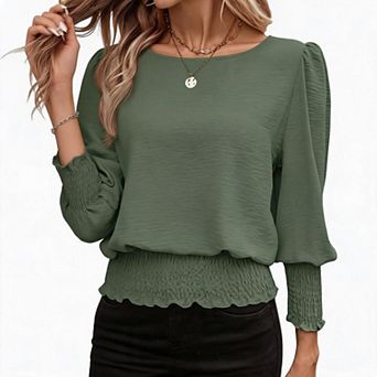 Women's Round Neck Lantern Sleeve Smocked Waist Solid Color Top Casual Loose Fit Top