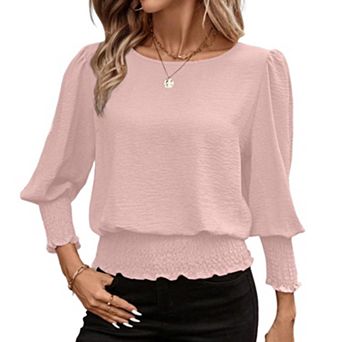 Women's Round Neck Lantern Sleeve Smocked Waist Solid Color Top Casual Loose Fit Top