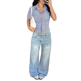 Women's Striped Button Down Shirt Summer Short Sleeve Collared Cute Blouses Dressy Casual Tops