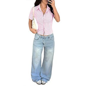 Women's Striped Button Down Shirt Summer Short Sleeve Collared Cute Blouses Dressy Casual Tops