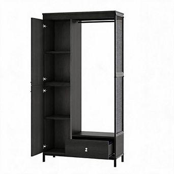 Armoire Wardrobe Closet, Wood and Metal Frame Clothes Storage Organizer with Double Closed Doors