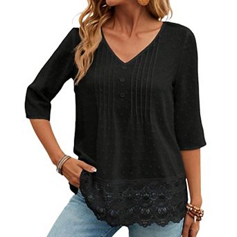 Women's French Forest Blouse Hollow Embroidery Lace 3/4 Sleeve V Neck Casual Blouse