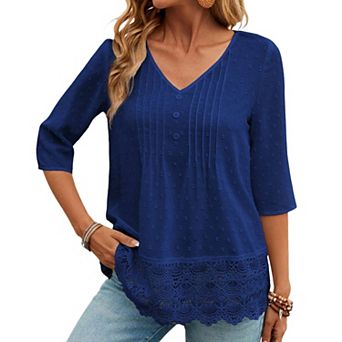 Women's French Forest Blouse Hollow Embroidery Lace 3/4 Sleeve V Neck Casual Blouse