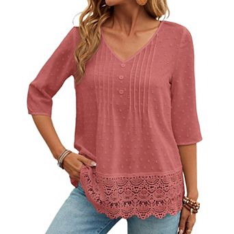 Women's French Forest Blouse Hollow Embroidery Lace 3/4 Sleeve V Neck Casual Blouse