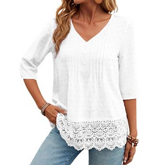 Women's French Forest Blouse Hollow Embroidery Lace 3/4 Sleeve V Neck Casual Blouse