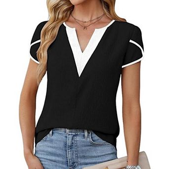 Women's Petal Short Sleeve Contrast Trim Casual Shirt Color Block V-Neck Blouse