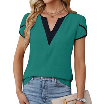 Women's Petal Short Sleeve Contrast Trim Casual Shirt Color Block V-Neck Blouse
