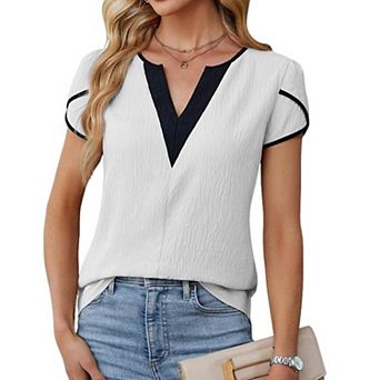 Women's Petal Short Sleeve Contrast Trim Casual Shirt Color Block V-Neck Blouse