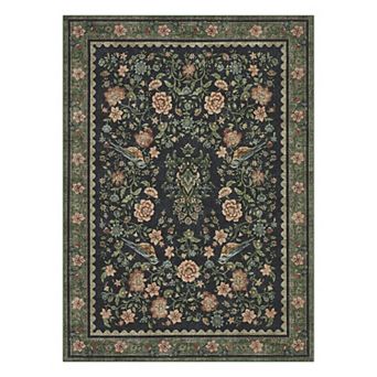 Floral Birds Washable Rug Area Rugs, Low Pile Faux-Wool Carpet Ultra Soft Non-Slip Indoor Rug