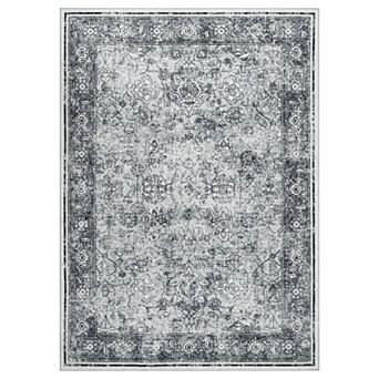 Vintage Washable Area Rug - Distressed Floral Non-Slip Carpet - Thin Collapsible Traditional Mat