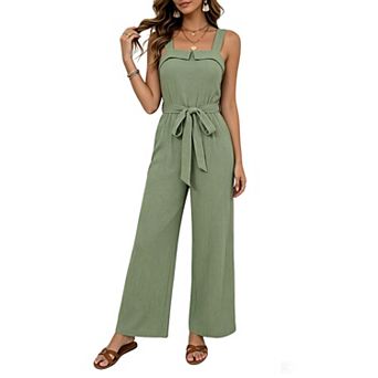Women's Textured Sleeveless Strap Wide Straight Leg Jumpsuit Summer Casual Square Neck Romper Belt