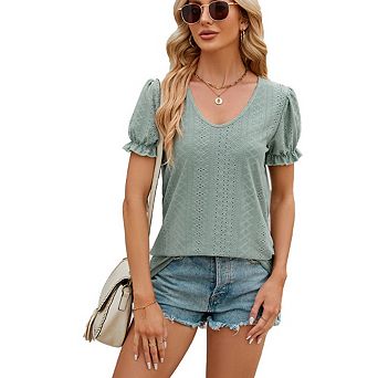 Women's Hollow Out Crossover V Neck Short Sleeve T Shirt Waist Tightening Puff Sleeve Top