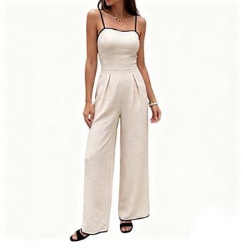 Women's Spaghetti Strap Straight Wide Leg Jumpsuit Sleeveless Square Neck Summer Smocked Back Romper