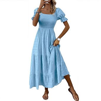 Women's Summer Casual Maxi Dresses Square Neck Short Sleeve Smocked A Line Flowy Boho Outfits