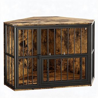 Corner Dog Crate for Small Dogs Space-Saving Kennel End Table with Feeding Bowls & Revolving Door