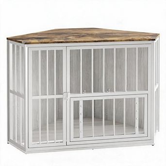 Corner Dog Crate for Small Dogs Space-Saving Kennel End Table with Feeding Bowls & Revolving Door