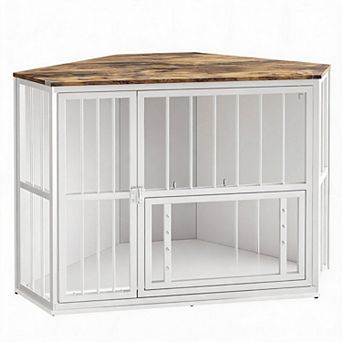 Corner Dog Crate for Small Dogs Space-Saving Kennel End Table with Feeding Bowls & Revolving Door