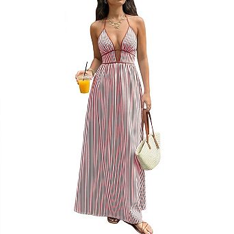 Women's Boho Striped Halter Maxi Dress Backless Smocked Beach Vacation Outfits