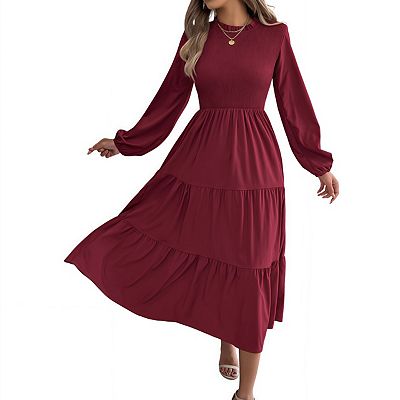 empire waist dress long sleeve Women's V-Neck Maxi Polyester  Nivalho Studio SIZE GUIDE Women Puff Long Sleeve Crewneck