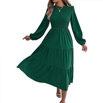 Women Puff Long Sleeve Crewneck Smocked Empire Waist Tiered A-line Swing Flowy Maxi Dress