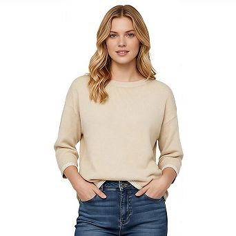 Womens Sweaters Casual Fall Crew Neck Striped 3/4 Sleeve Lightweight Knit Trendy Pullover Tops