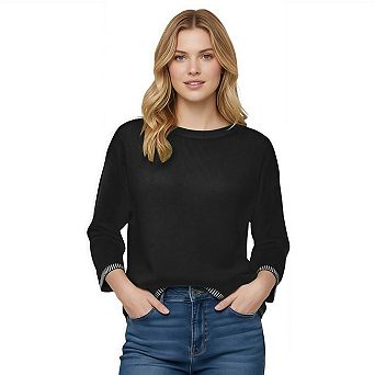 Womens Sweaters Casual Fall Crew Neck Striped 3/4 Sleeve Lightweight Knit Trendy Pullover Tops