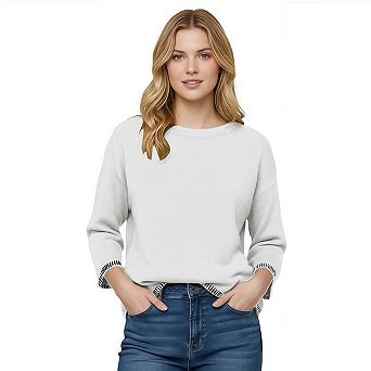 Womens Sweaters Casual Fall Crew Neck Striped 3/4 Sleeve Lightweight Knit Trendy Pullover Tops