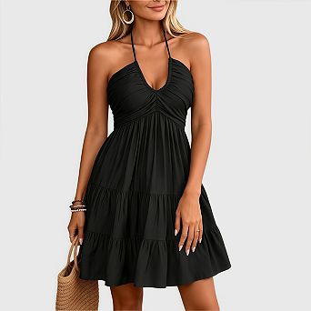 Women's Summer Halter Backless Sleeveless A Line Ruffle Hem Flowy Cami Mini Dress