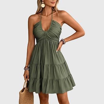 Women's Summer Halter Backless Sleeveless A Line Ruffle Hem Flowy Cami Mini Dress